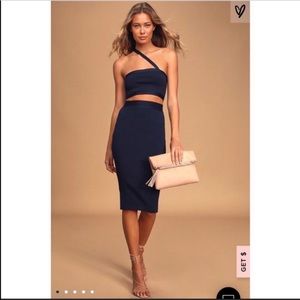 Lulu’s Navy Two Piece Set Crop Top with Midi Skirt